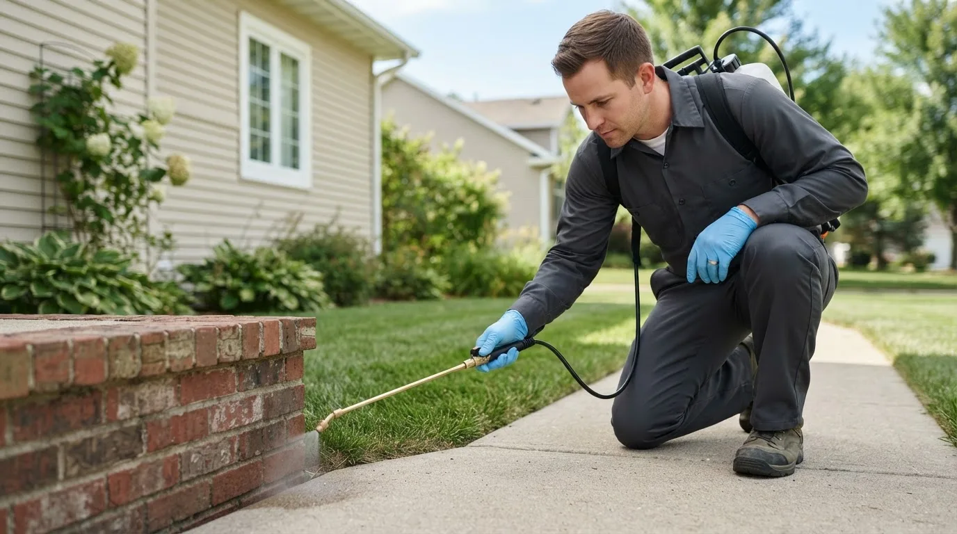 Pest control technician treating a home near Floydada, TX
